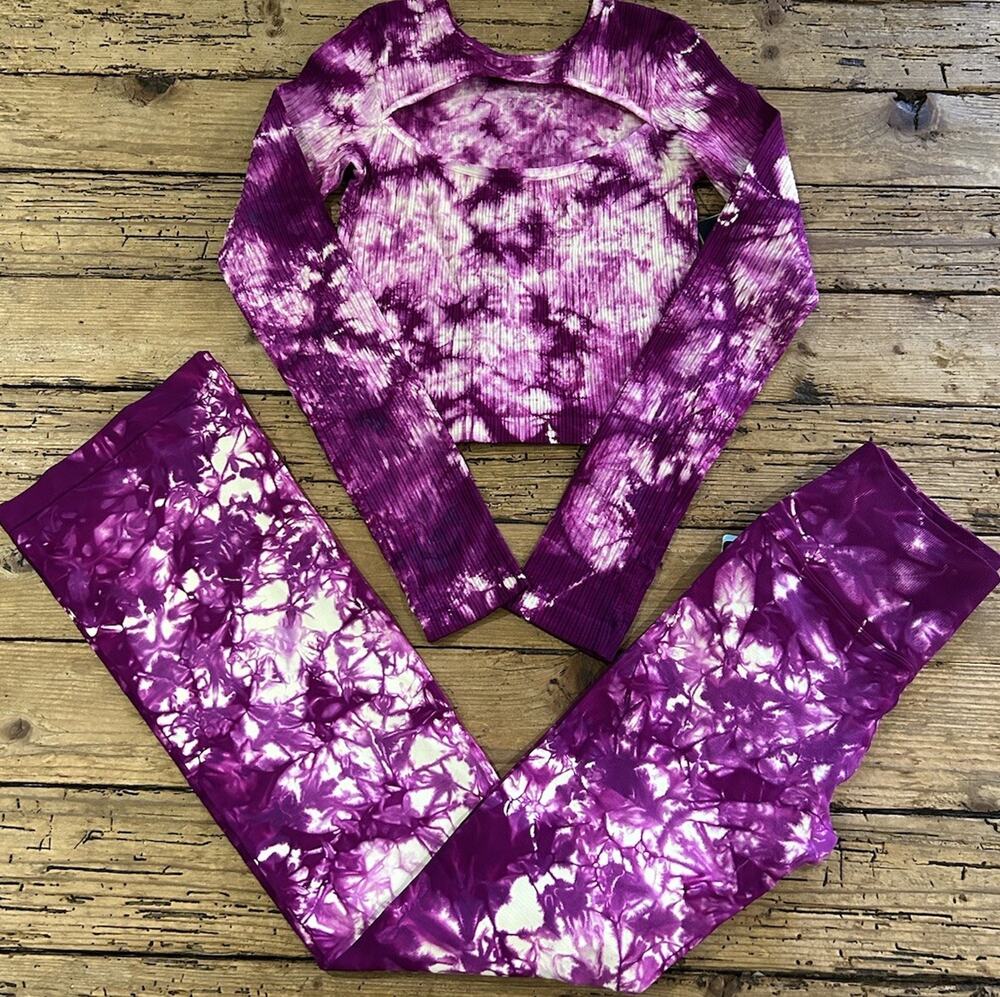 NUX Peak A Boo Top And Wide Leg Pants Purple Tie Dye Outfit Set Size S NWT